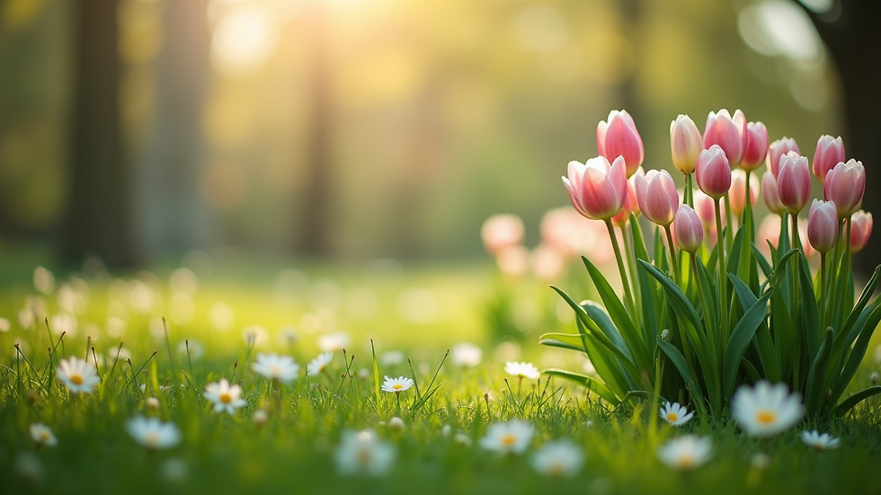 Eye-level view of a tranquil garden with blooming flowers