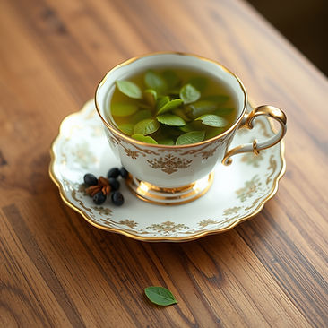 antique tea cup and saucer filled with green tea.jpg