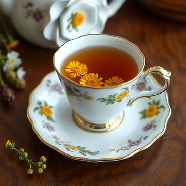 antique tea cup and saucer with calendula tea in it.jpg