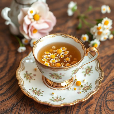 antique tea cup and saucer filled with chamomile tea.jpg