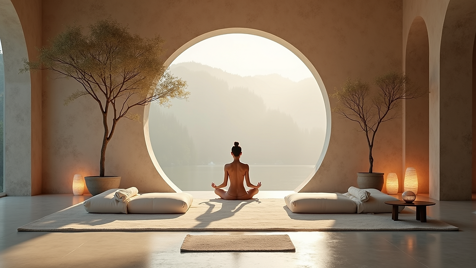 Close-up view of a peaceful meditation space with candles and crystals