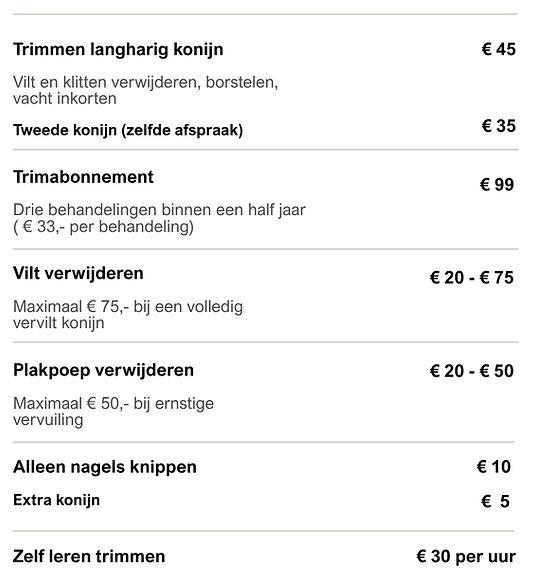 Overzicht van diensten en tarieven van Konijnentrimsalon Tanja in Twente