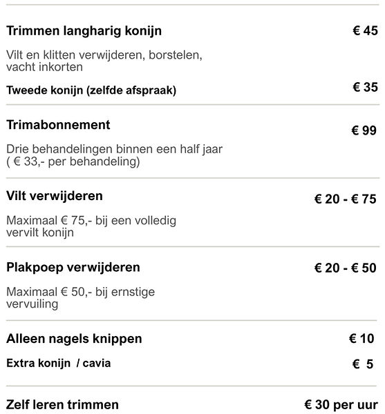 Overzicht van diensten en tarieven van Konijnentrimsalon Tanja in Enschede
