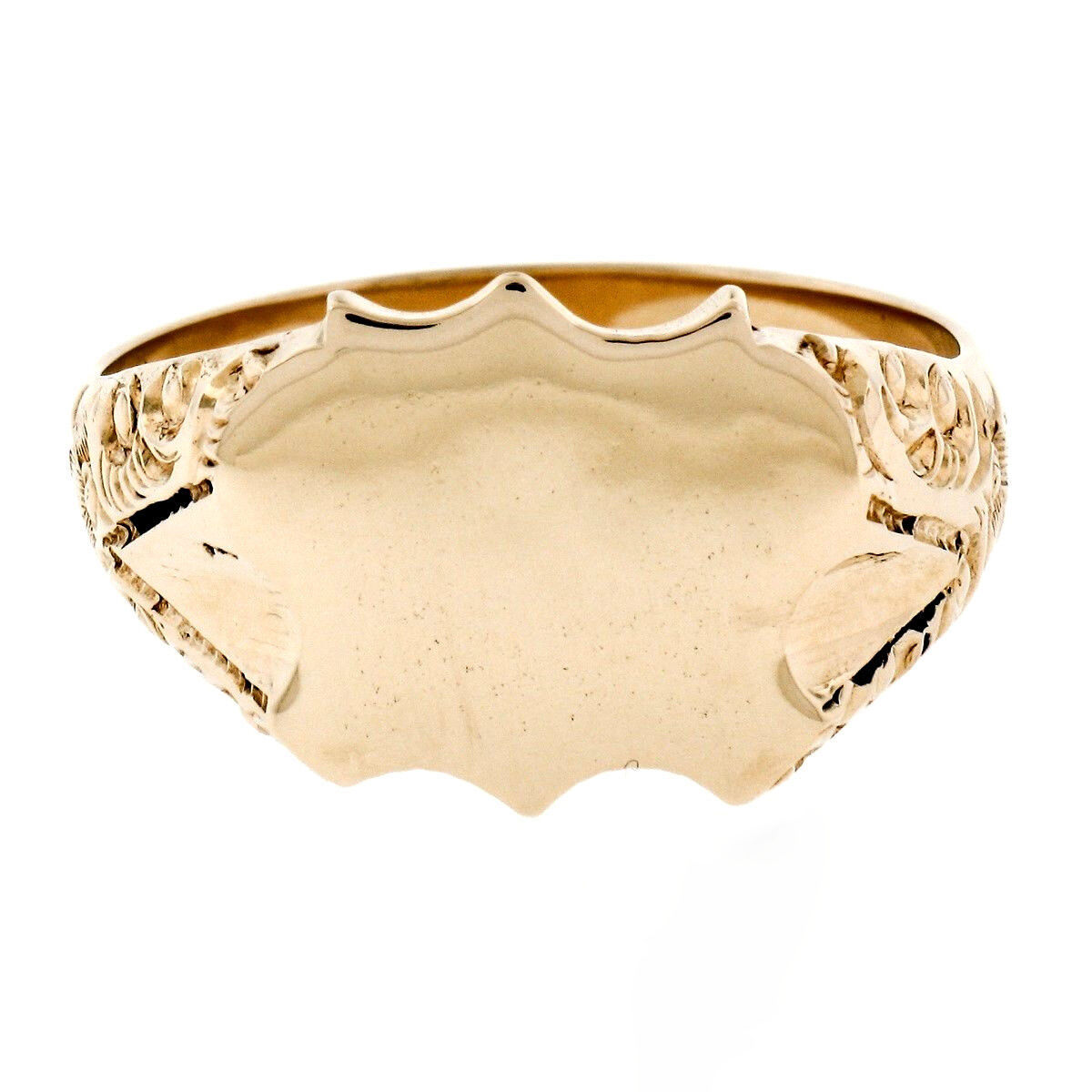 Vintage 14K Yellow Gold Engraveable Shield Center Etched Shank Signet Ring