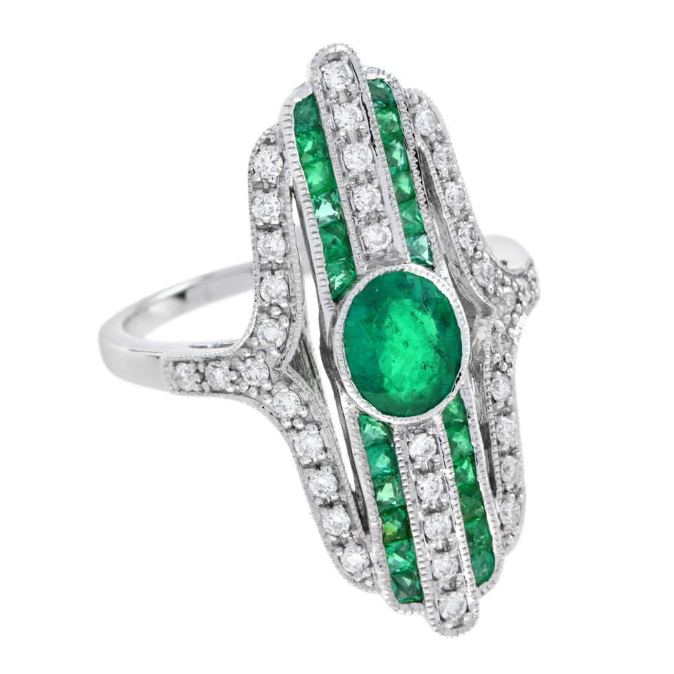 Thumbnail: Art Deco Design 18k White Gold 2.00ctw Emerald & Diamond Long Dinner Ring