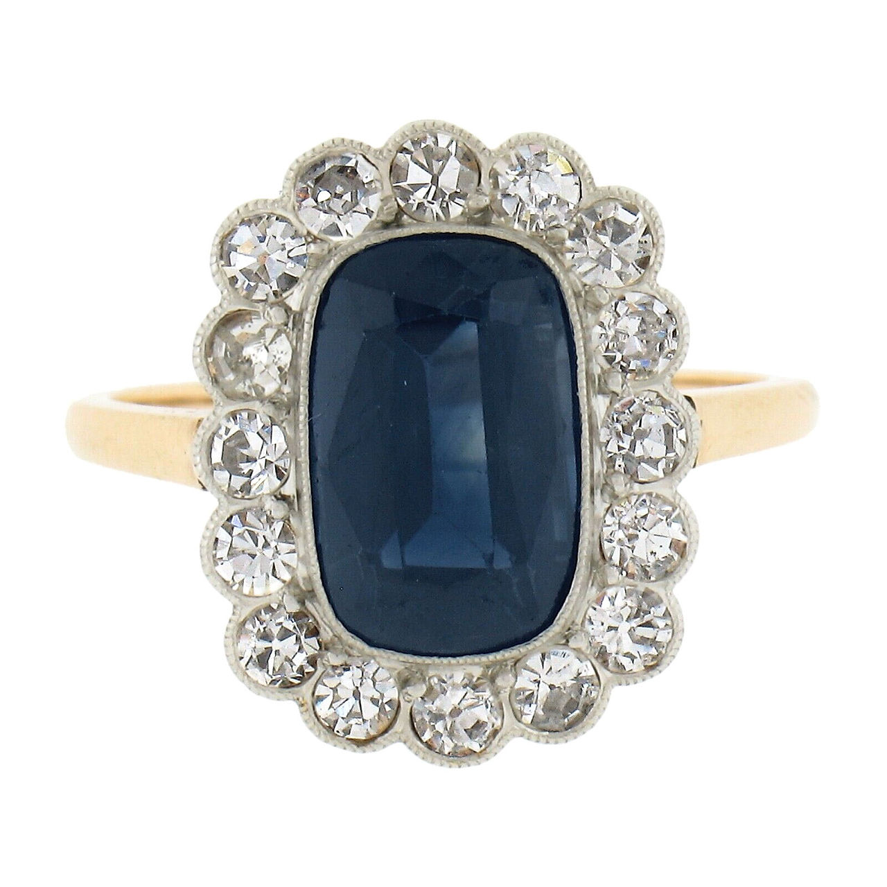 Antique Edwardian Gold and Platinum 3.60ctw Sapphire Diamond Halo Ring