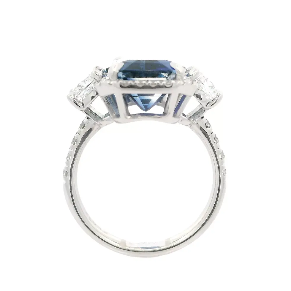 Thumbnail: Modern Platinum 10.19ctw Elongated Emerald Cut Sapphire and Diamond Ring