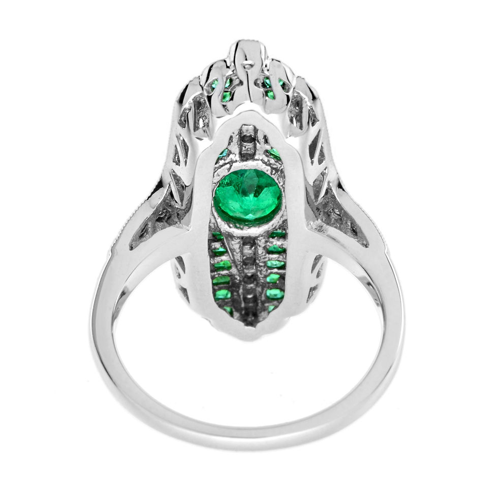 Thumbnail: Art Deco Design 18k White Gold 2.00ctw Emerald & Diamond Long Dinner Ring
