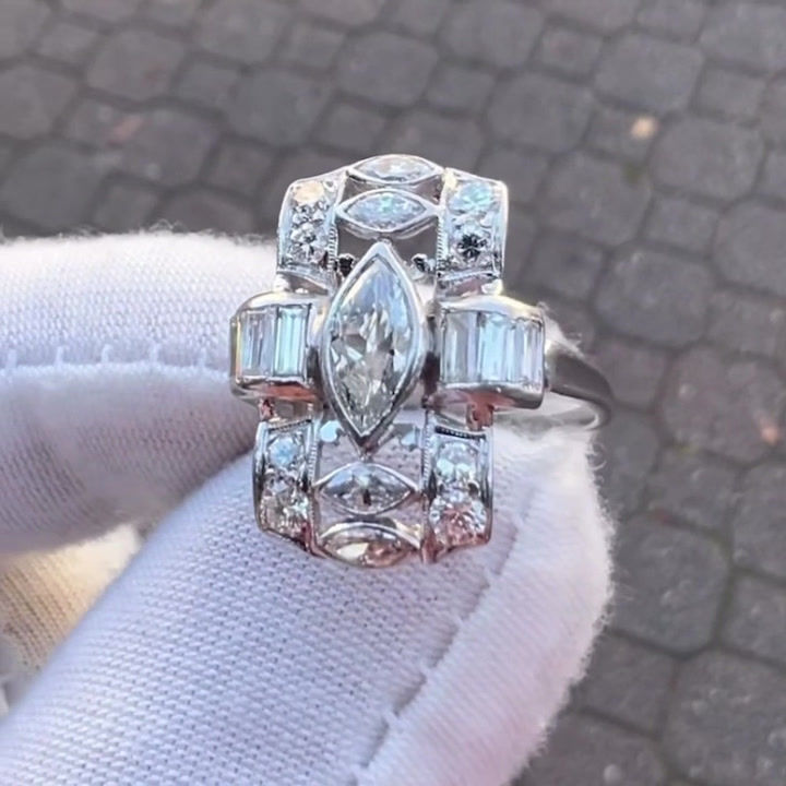 Thumbnail: Antique  Art Deco Platinum1.30ctw Marquise and Baguette Diamond Dinner Ring