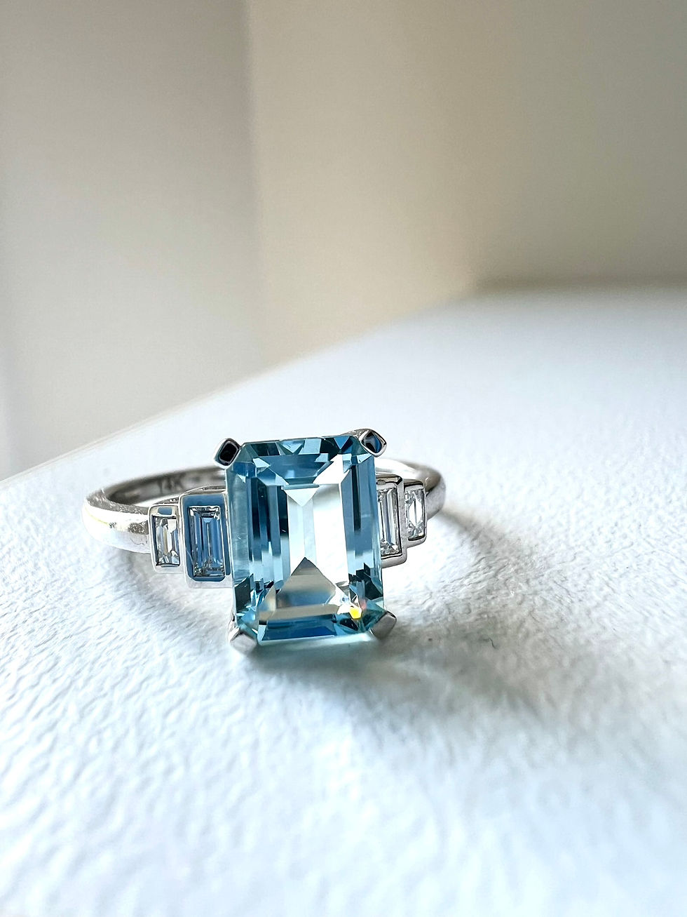 Thumbnail: Art Deco Inspired 14K White Gold Natural Aquamarine and Baguette Diamond Ring