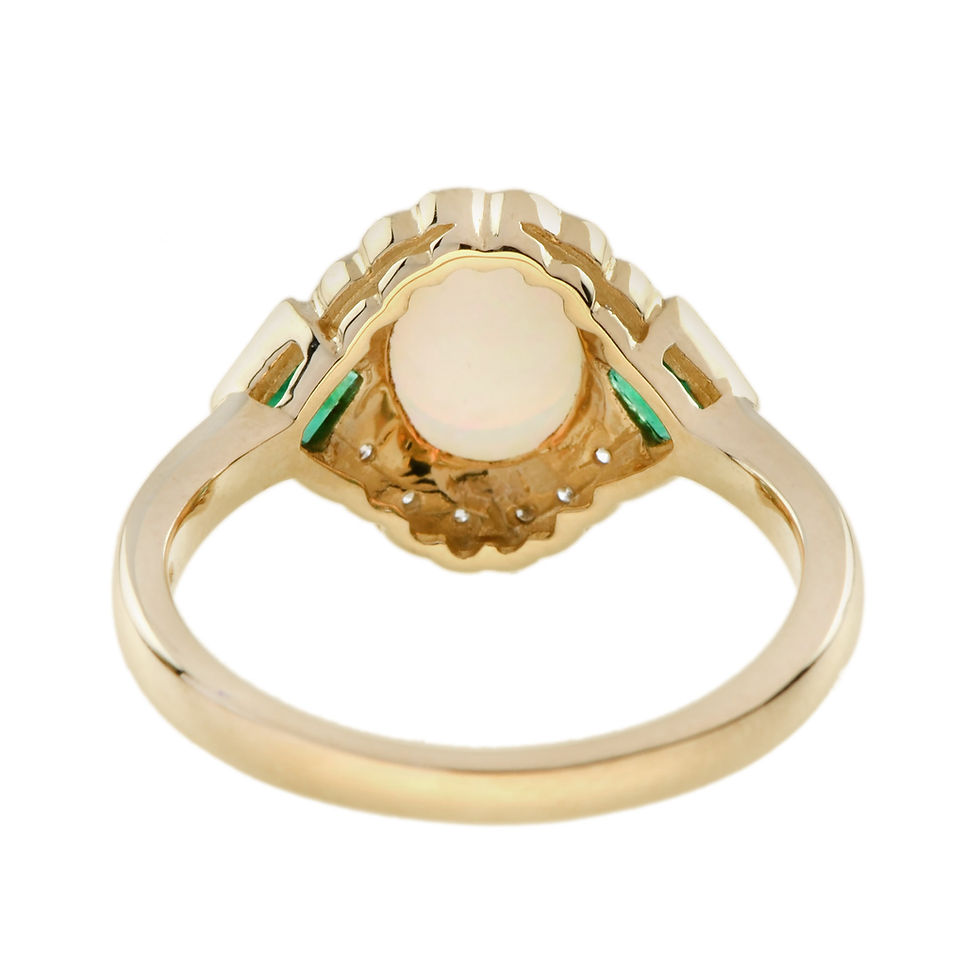 Thumbnail: Antique Inspired 14k Yellow Gold Oval Cabochon Opal Emerald & Diamond Halo Ring