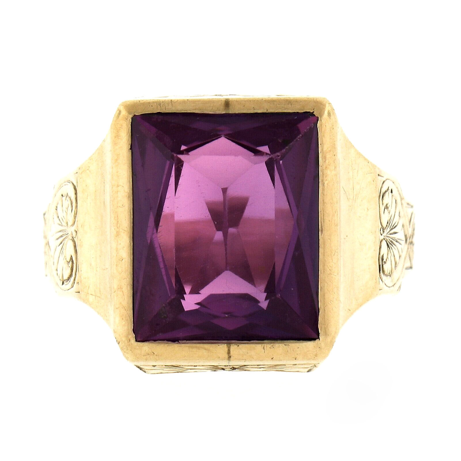 Antique 10k Gold Rectangular Bezel Set Purple Stone Solitaire Hand Engraved Ring