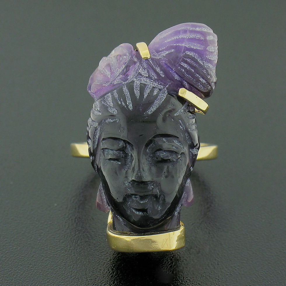 Thumbnail: Vintage 14k Yellow Gold Carved Amethyst Lady Head Cocktail Ring