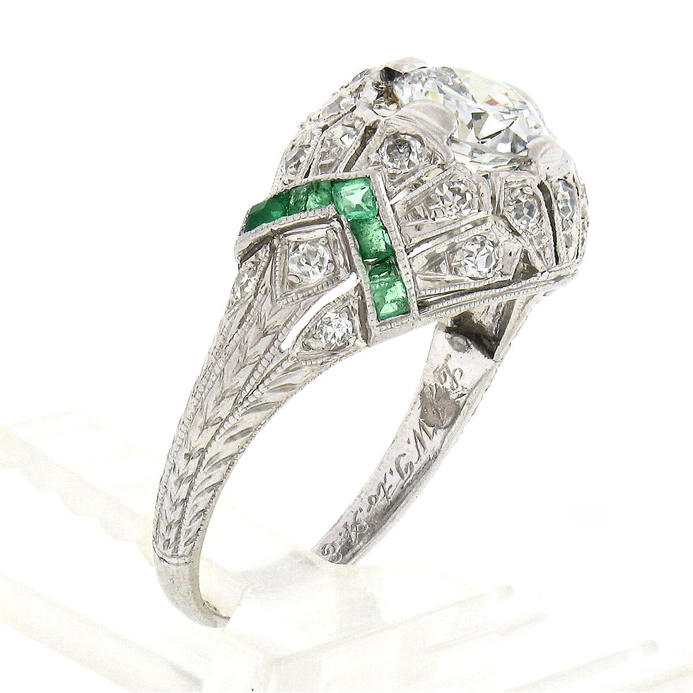 Thumbnail: Antique Art Deco Platinum 1.53ctw European Diamond  Emerald Milgrain Domed Ring