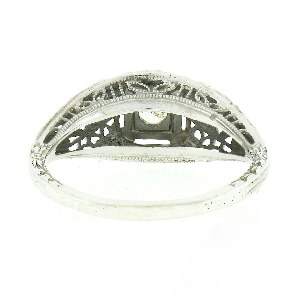Thumbnail: Antique Art Deco 18K White Gold Old European Diamond Domed Filigree Work Ring