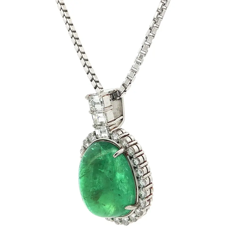 Thumbnail: Vintage Large 17.76ctw Oval Cabochon Emerald and Diamond Slide Pendant Necklace
