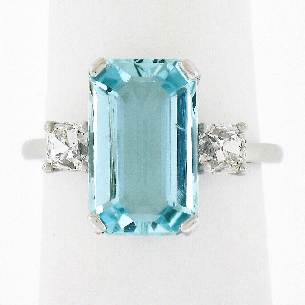 Thumbnail: Platinum 4.55ctw Rectangular Cut Aquamarine and Old Cut Diamond Cocktail Ring