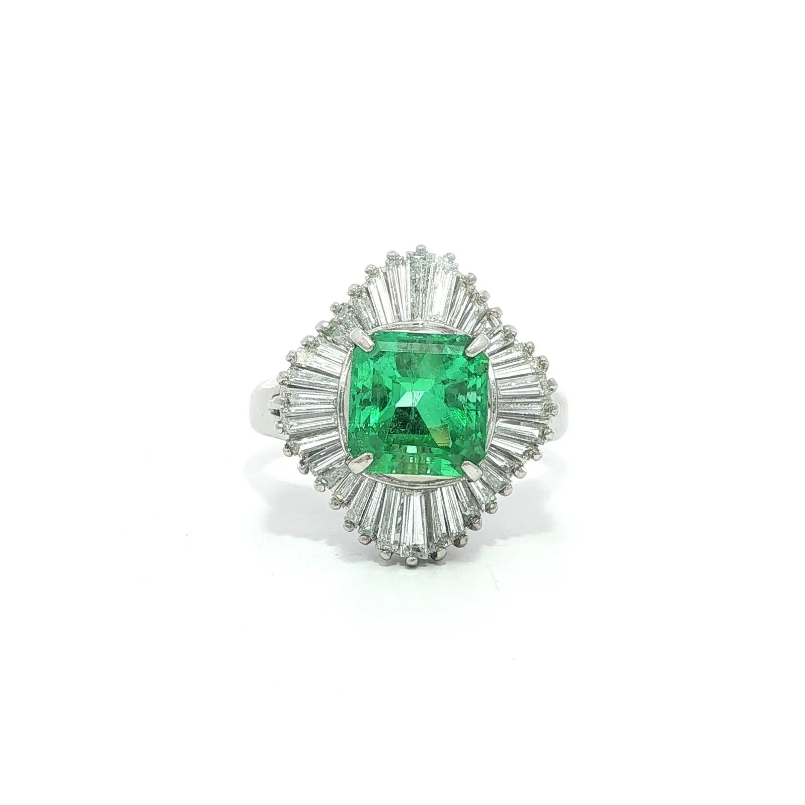 Platinum 3.51ctw Clean Bright Colombian Emerald Wavy Diamond Ballerina Ring