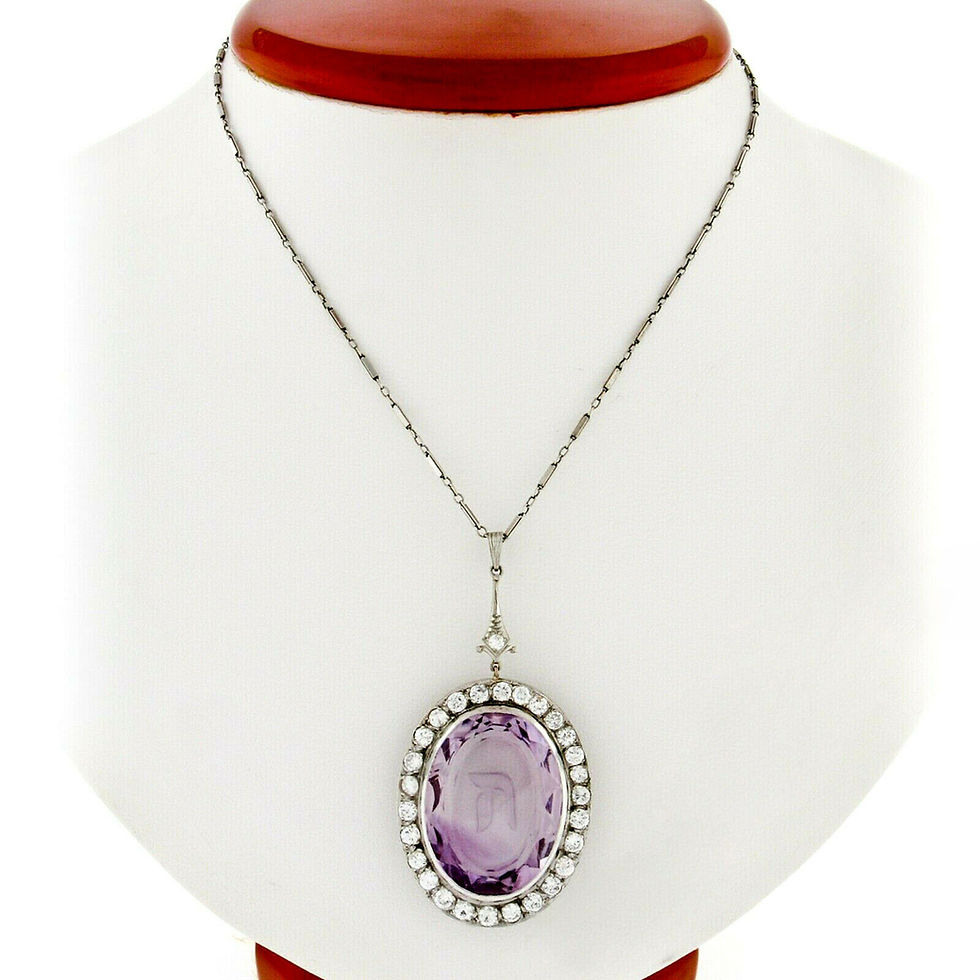 Thumbnail: Vintage 14k Gold Hebrew Hey Initial Carved Amethyst & Diamond Pendant Necklace