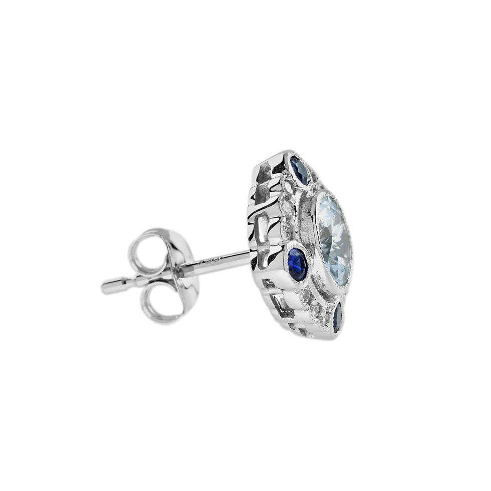 Thumbnail: Vintage Inspired 18k Gold Aquamarine Sapphire and Diamond Stud Earrings