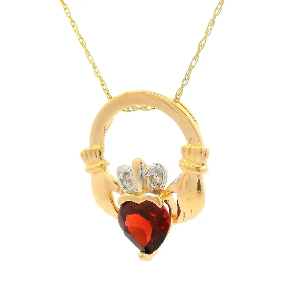 Thumbnail: 14k Yellow Gold Garnet and Diamond Claddagh Heart Pendant w/ Rope Chain Necklace