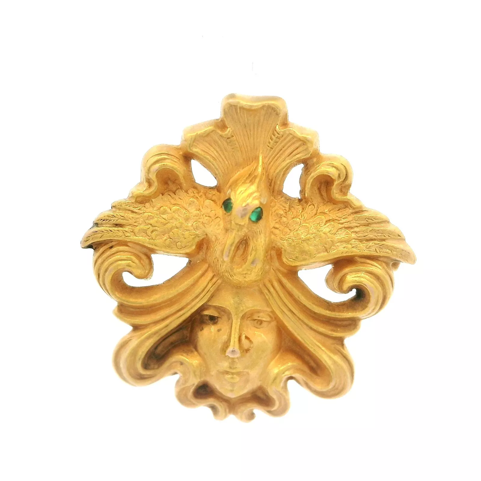 Antique Art Nouveau 14k Yellow Gold Lady Goddess and Bird Motif Brooch Pendant