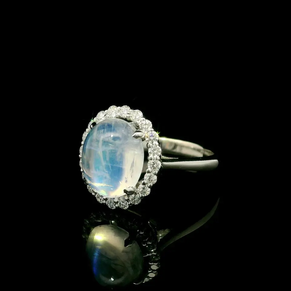 Thumbnail: 14k White Gold 4.41ctw Oval Moonstone and Diamond Halo Classic Ring
