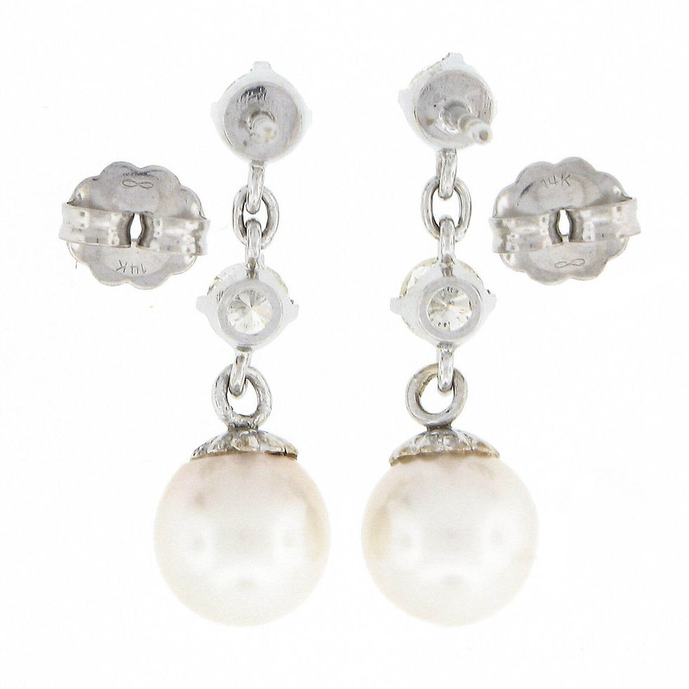Thumbnail: Vintage 14k White Gold 0.72ctw Round Diamond & 7.5mm Pearl Drop Dangle Earrings