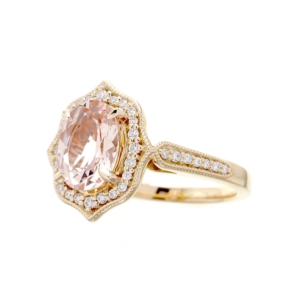 Thumbnail: Vintage Inspired 9x7mm Oval Morganite and Diamond Halo Ring