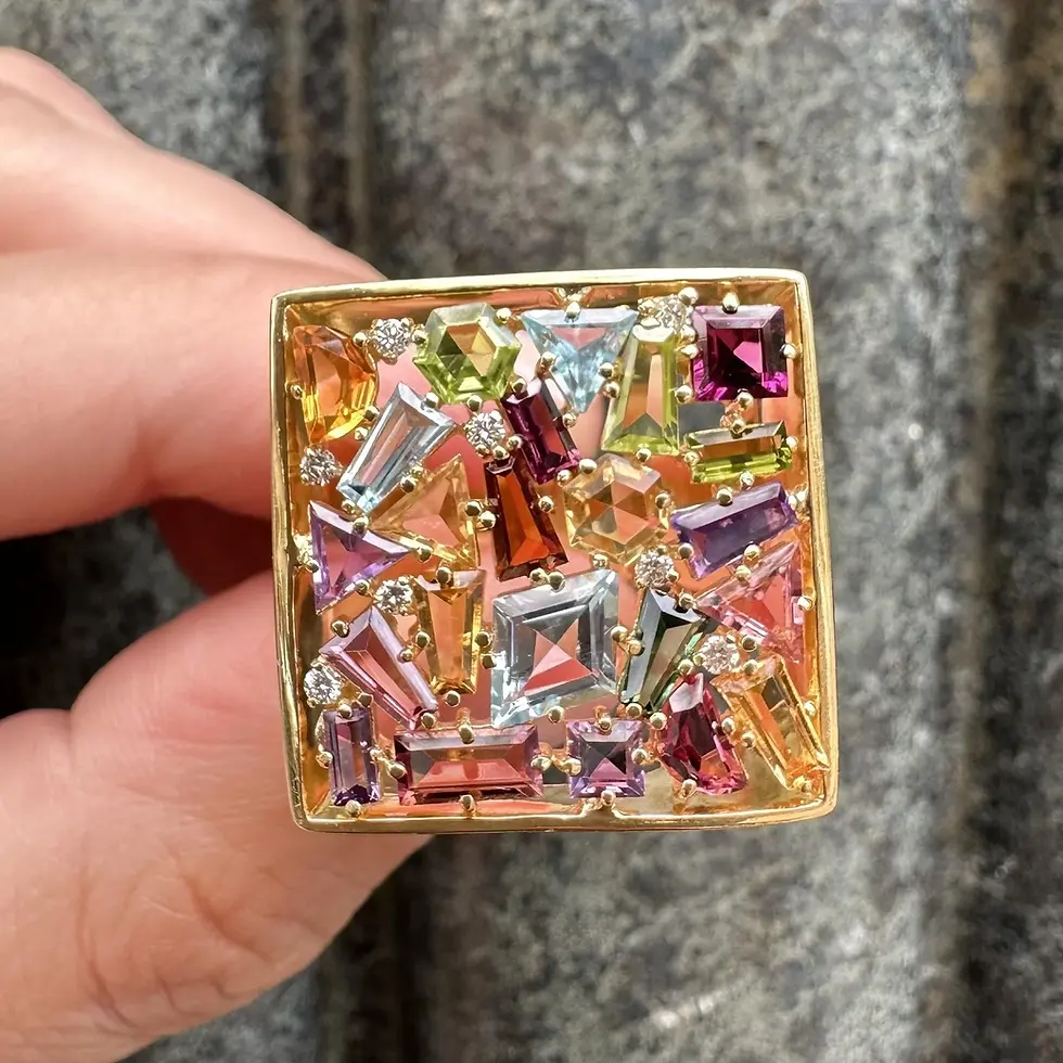 Thumbnail: 18k Gold Multi Colour Shape Gemstones & Diamond Mosaic Wide Statement Ring