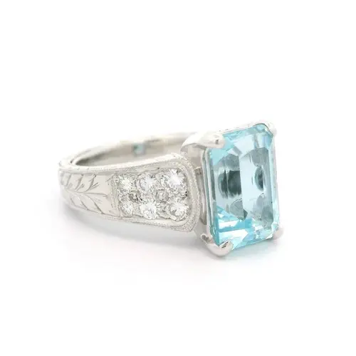 Thumbnail: 18k White Gold 3.99ctw Aquamarine & Diamond Wheat Engraved Milgrain Work Ring