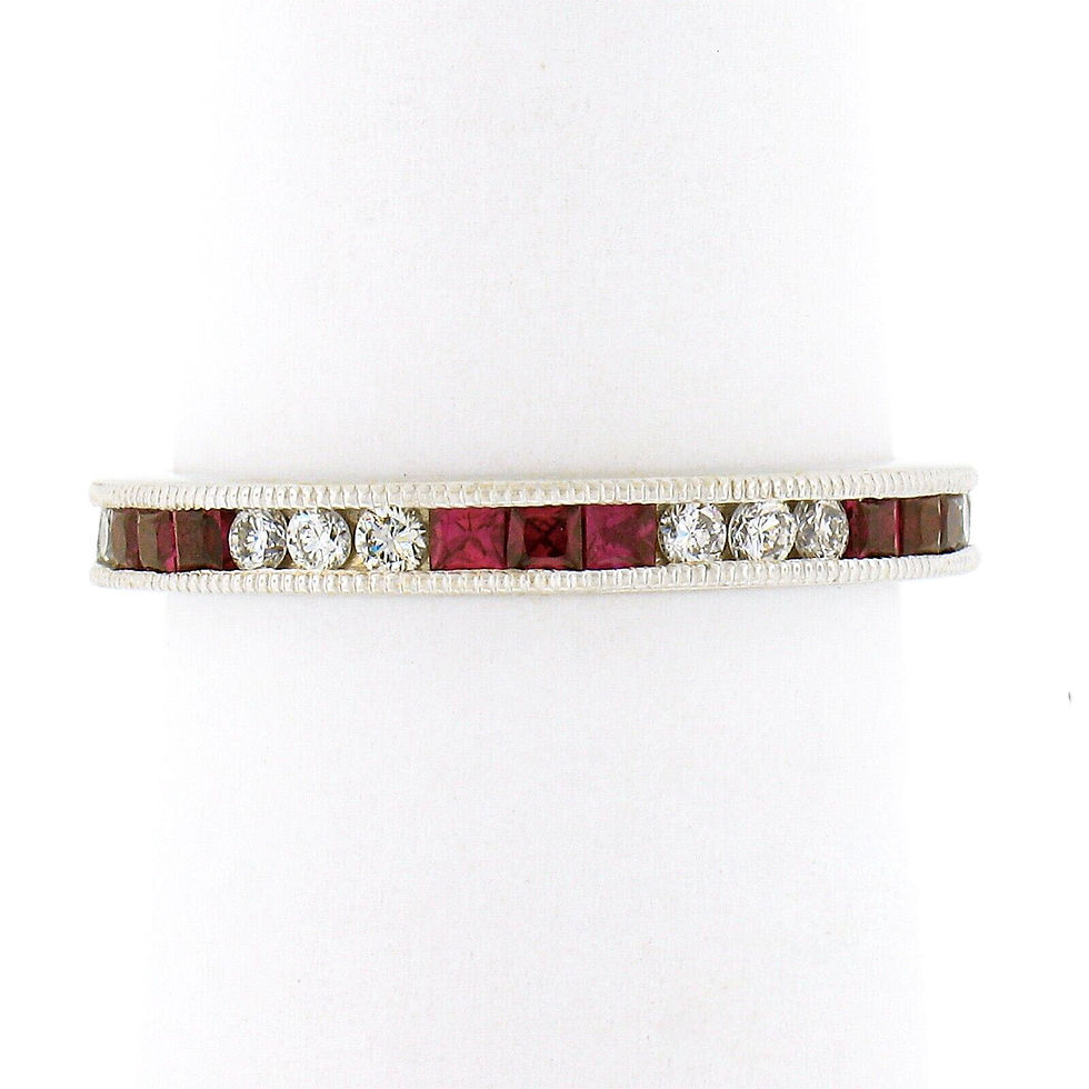 Thumbnail: 18k White Gold 0.70ctw Round Diamond & Square Ruby Milgrain Eternity Band Ring