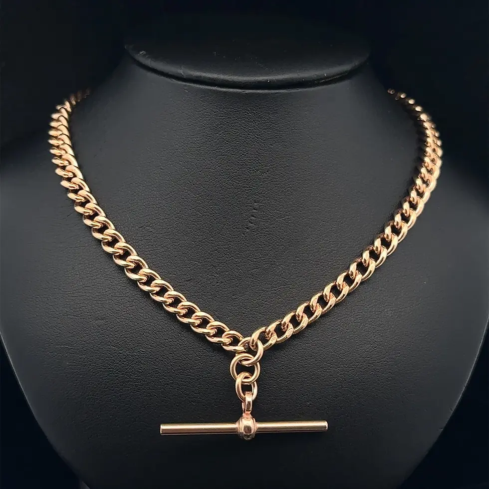 Thumbnail: Vintage 9ct Gold 20" Curb Link Watch Chain Necklace w/ Sliding Bar and Dog Clips