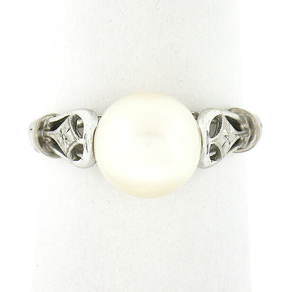 Thumbnail: Antique Art Deco 14K White Gold Cultured Pearl Solitaire w/ Floral Sides Ring