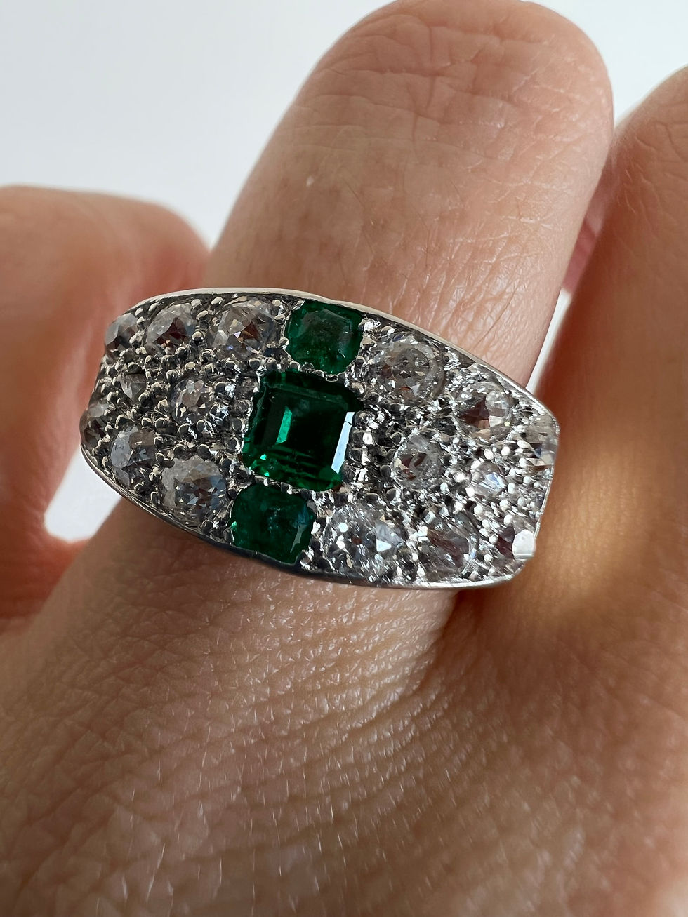 Thumbnail: Antique Edwardian 18k Gold Platinum Diamond & Emerald Open Sides Wide Band Ring