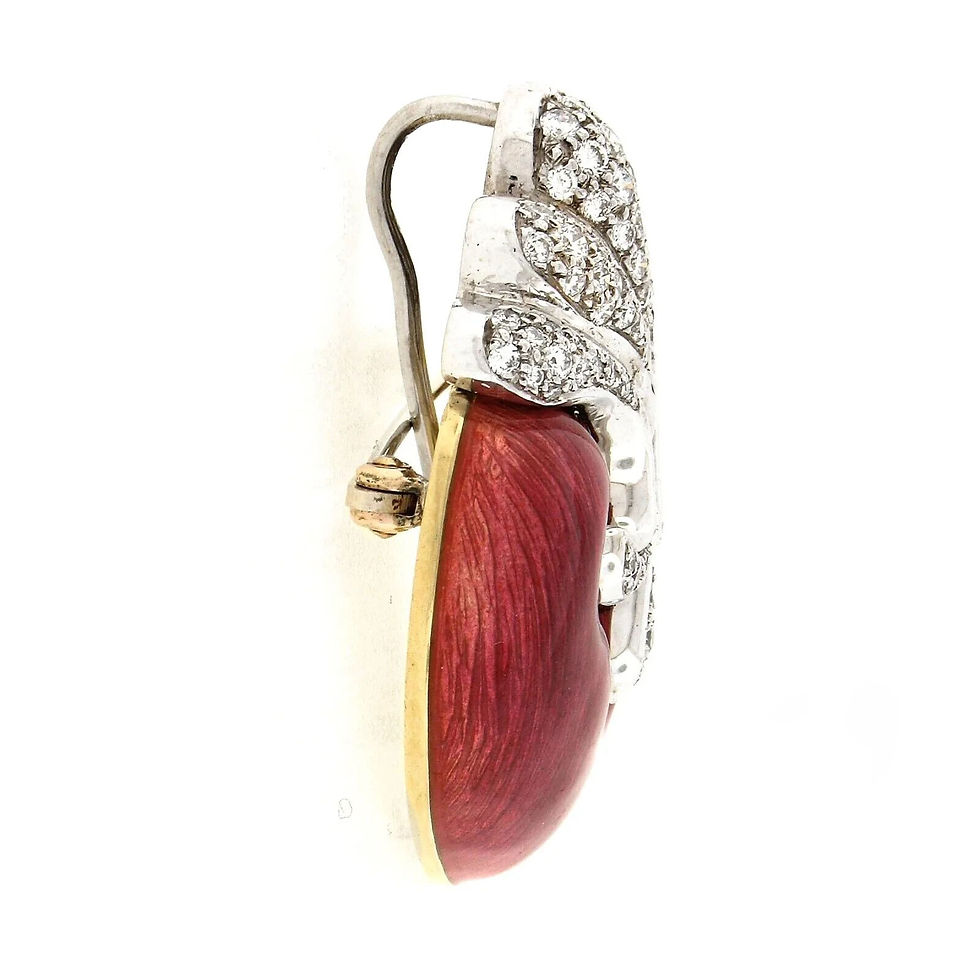 Thumbnail: Designer 18K TT Gold Deep Pink Enamel w Diamond Textured Heart Pin Brooch