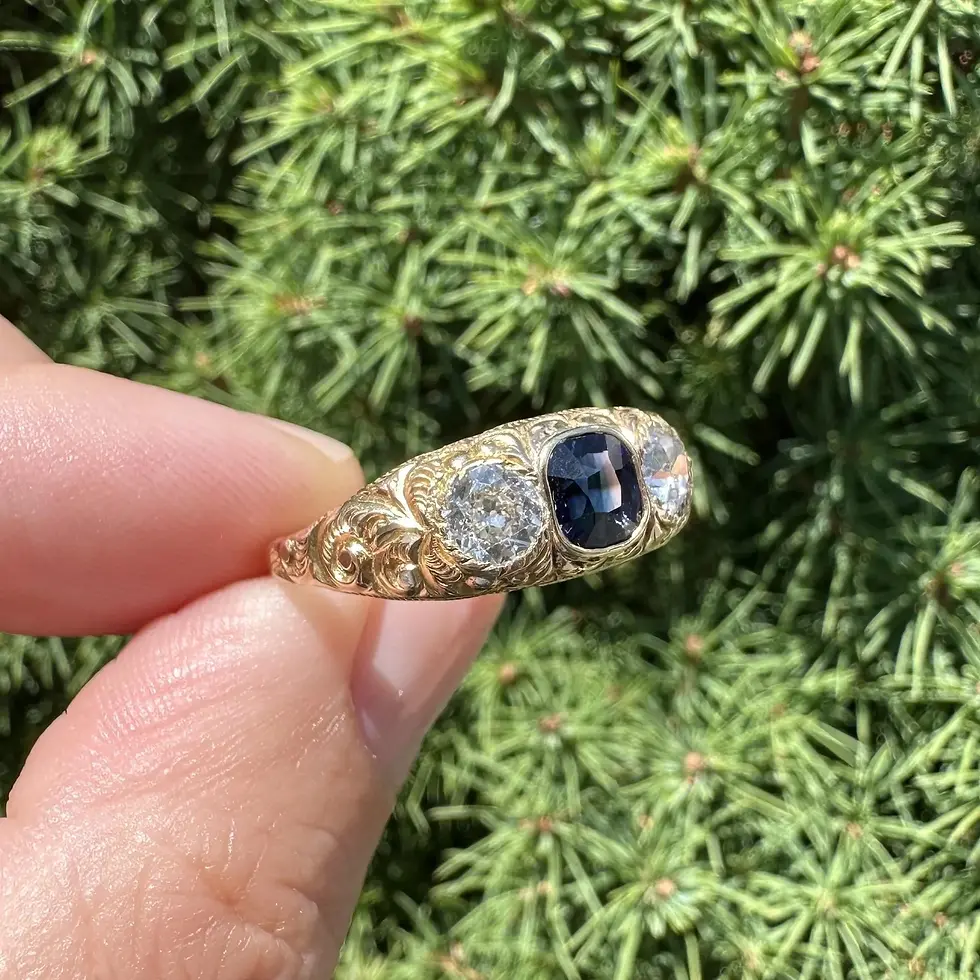 Thumbnail: Antique Victorian 1.82ctw Old Cut Diamond and Sapphire Repousse 3 Stone Ring