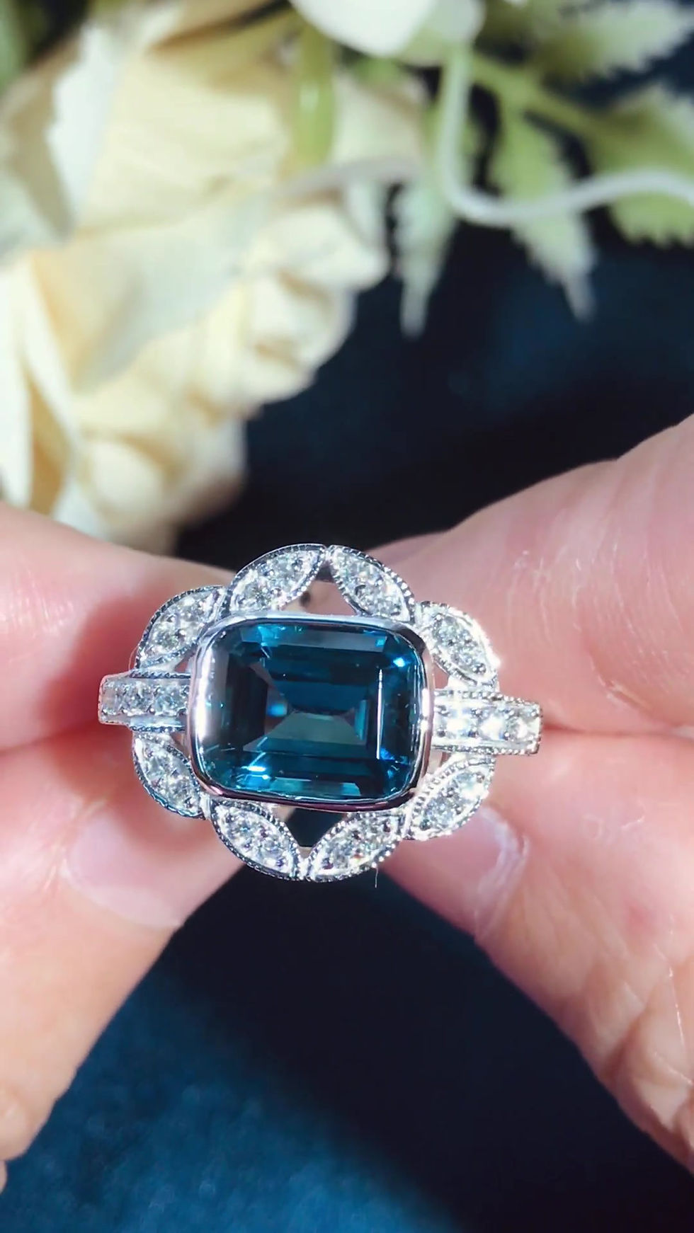 Thumbnail: Art Deco Style 14k White Gold 4.20ctw Emerald Cut Topaz and Diamond Halo Ring