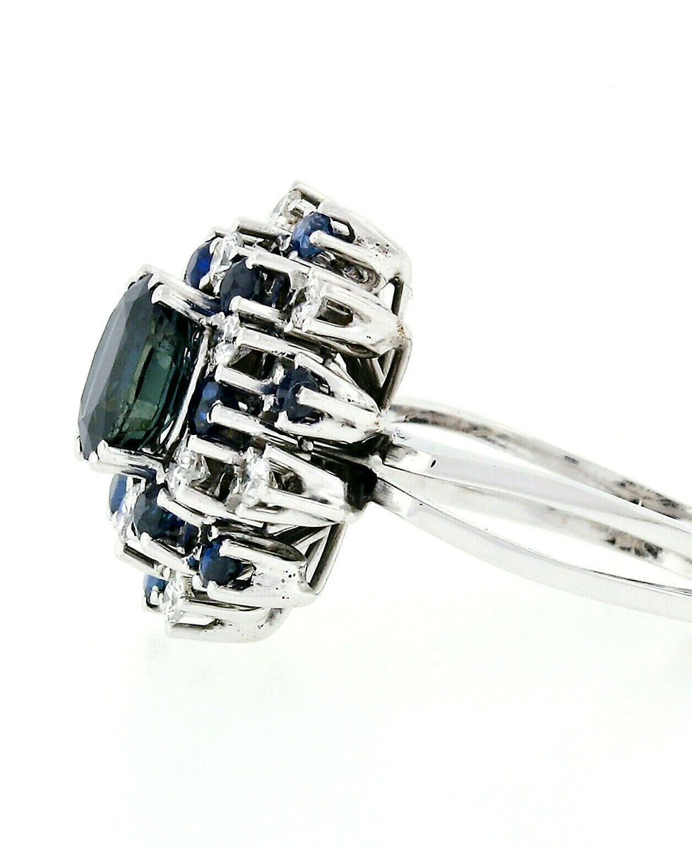 Thumbnail: Vintage 18k White Gold 3.15ctw Oval Sapphire Round Diamond Tiered Cluster Ring