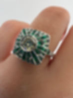 Art Deco Inspired 18k White Gold Fancy Diamond and Emerald Cluster Platter Ring