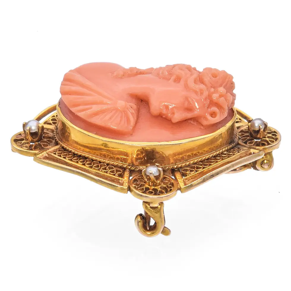 Thumbnail: Antique 10k Yellow Gold Detailed Oval Carved Red Coral Cameo Brooch Pendant
