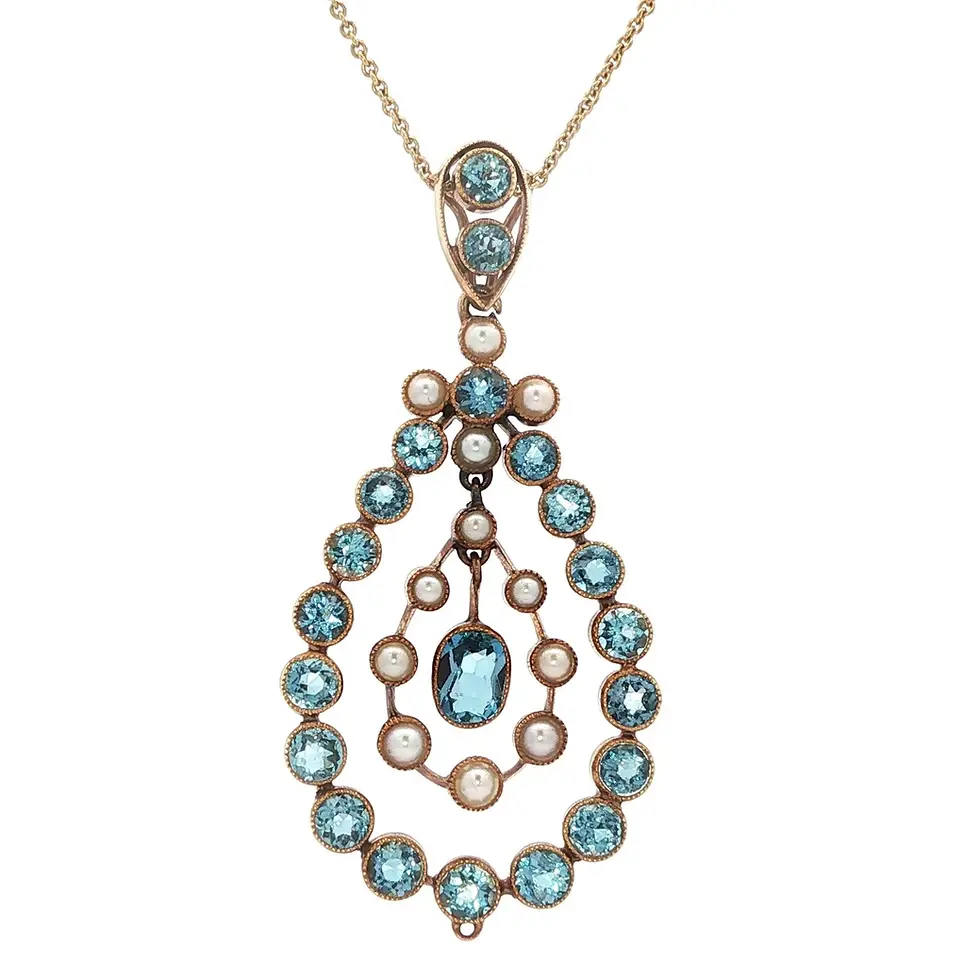 Antique 14k Yellow Gold Aquamarine and Pearl Large Lavalier Pendant Necklace