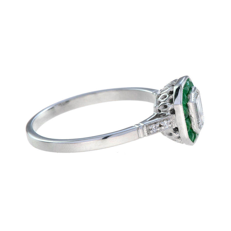 Thumbnail: Art Deco Inspired 14k Gold 0.93ctw Emerald Cut Diamond and Emerald Halo Ring