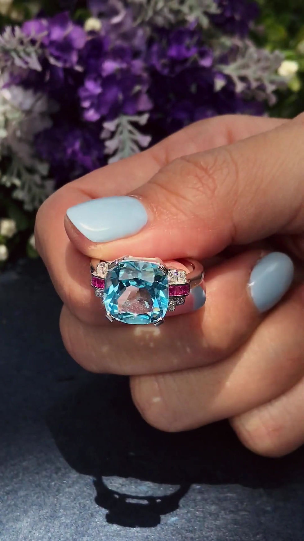 Thumbnail: Art Deco Inspired 14k White Gold 7.61ctw Cushion Cut Topaz, Ruby & Diamond Ring