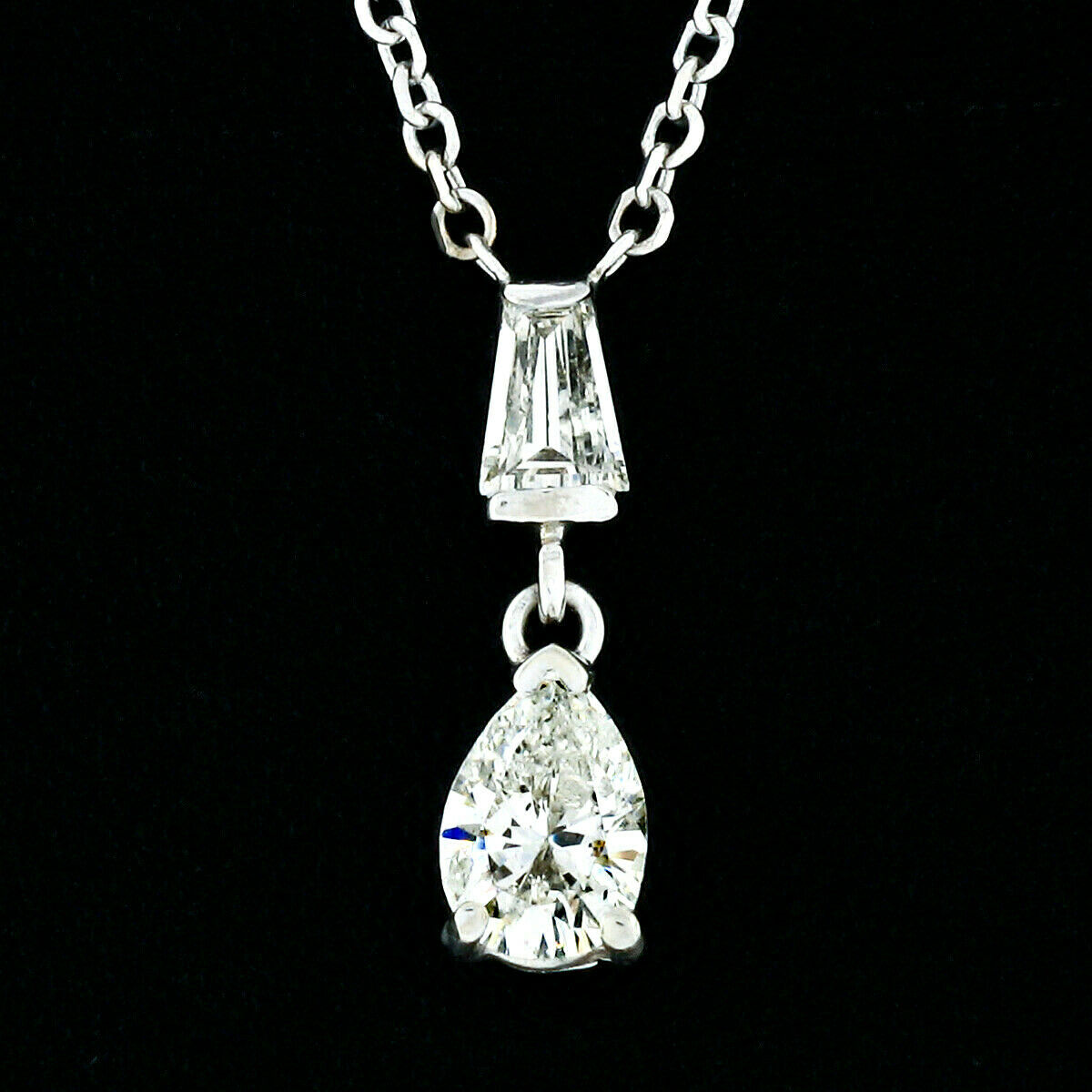 14K White Gold 0.50ctw Pear & Tapered Baguette Diamond Teardrop Dangle Pendant