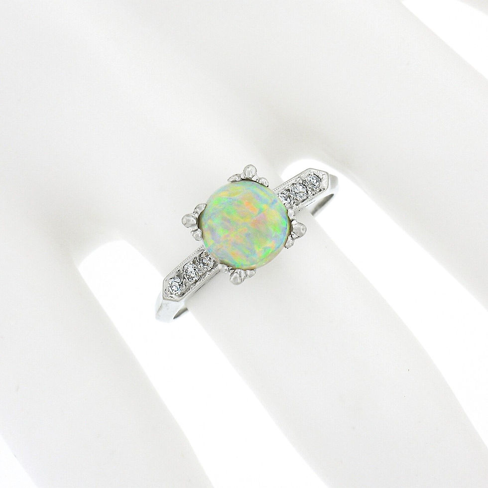 Thumbnail: Vintage Platinum 7.6mm Prong Round Cabochon Opal Solitaire Diamond Accents Ring