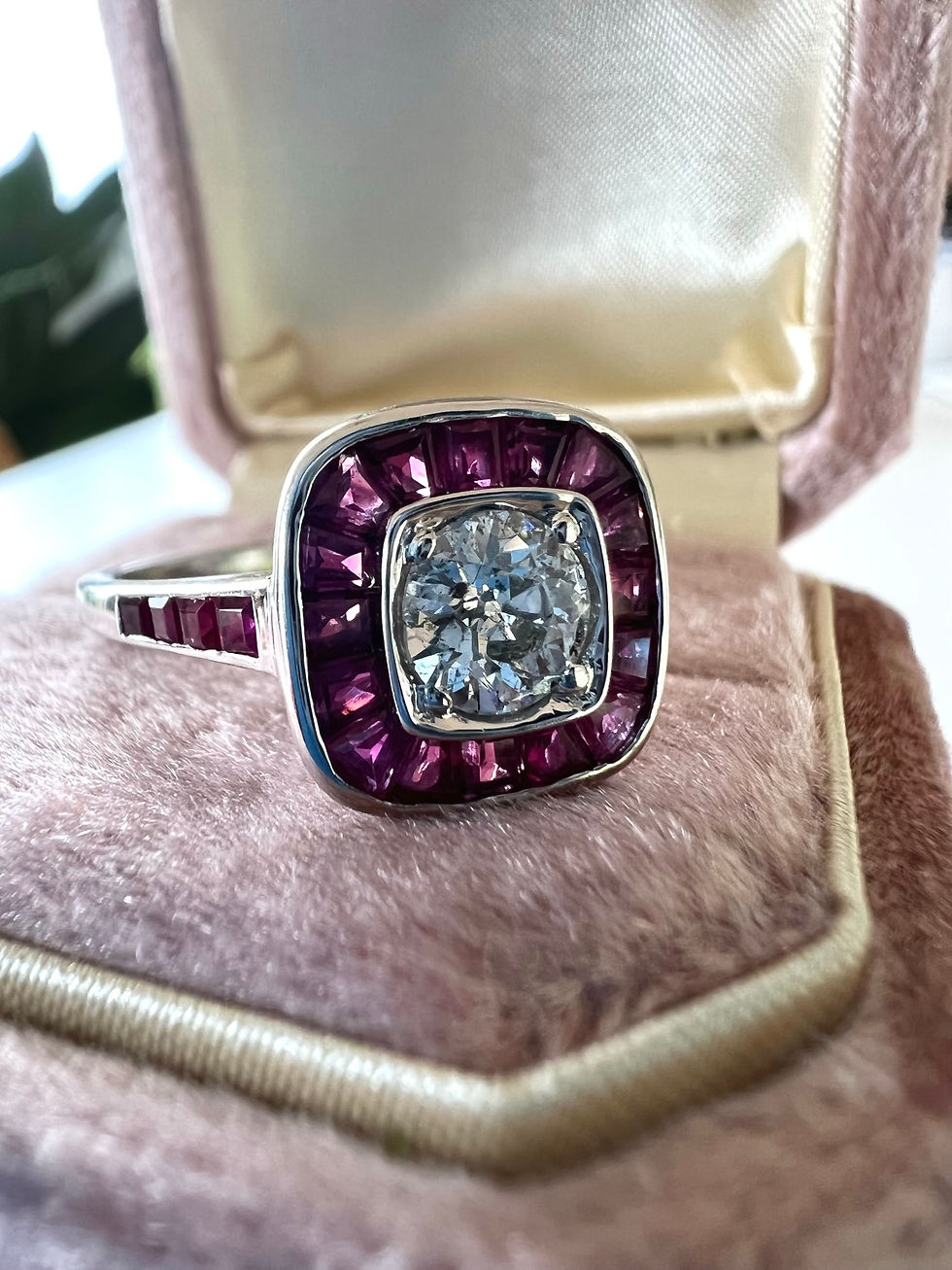Thumbnail: Art Deco Inspired 18k White Gold 2.46ctw Diamond and Ruby Target Engagement Ring