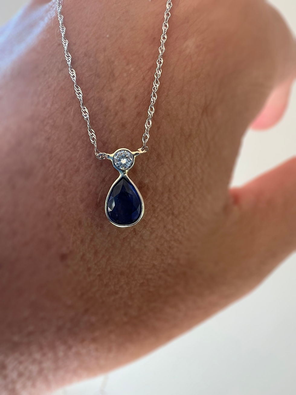 Thumbnail: 14k White Gold Natural Pear Cut Sapphire and Diamond Drop Pendant Necklace