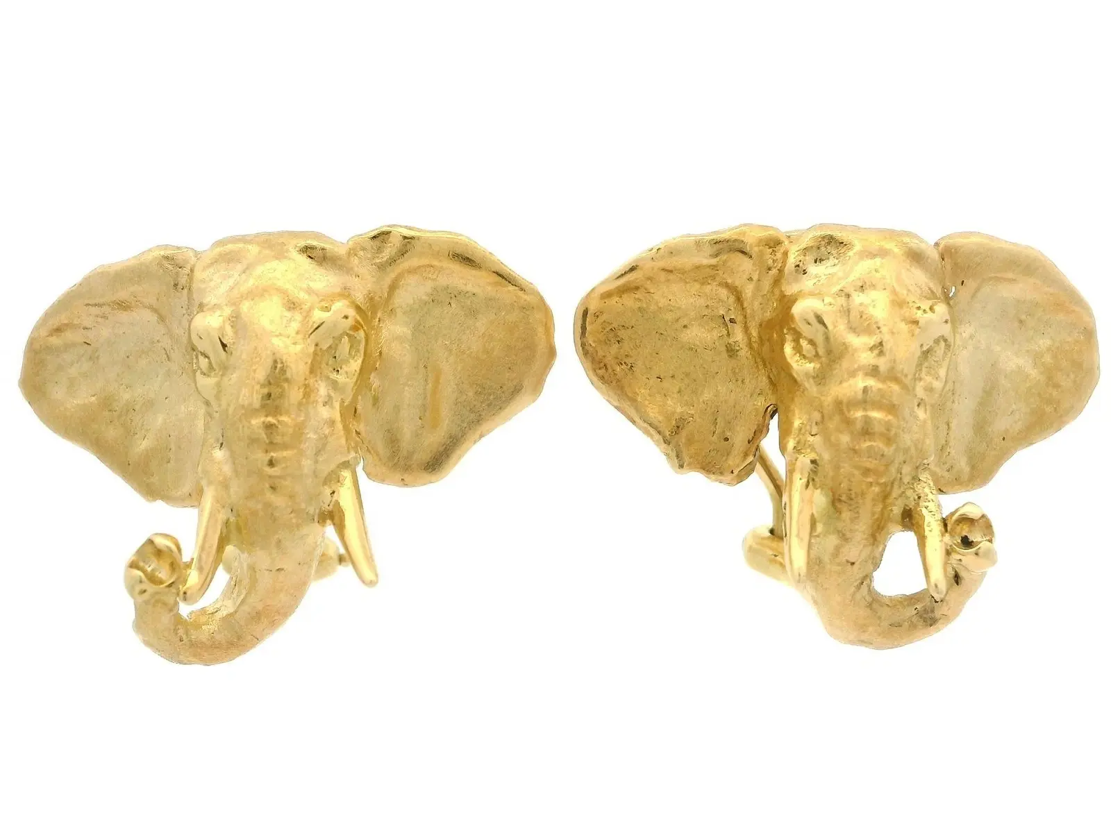 18k Yellow Gold Detailed Textured Elephant Head Clip On Statement Earrings