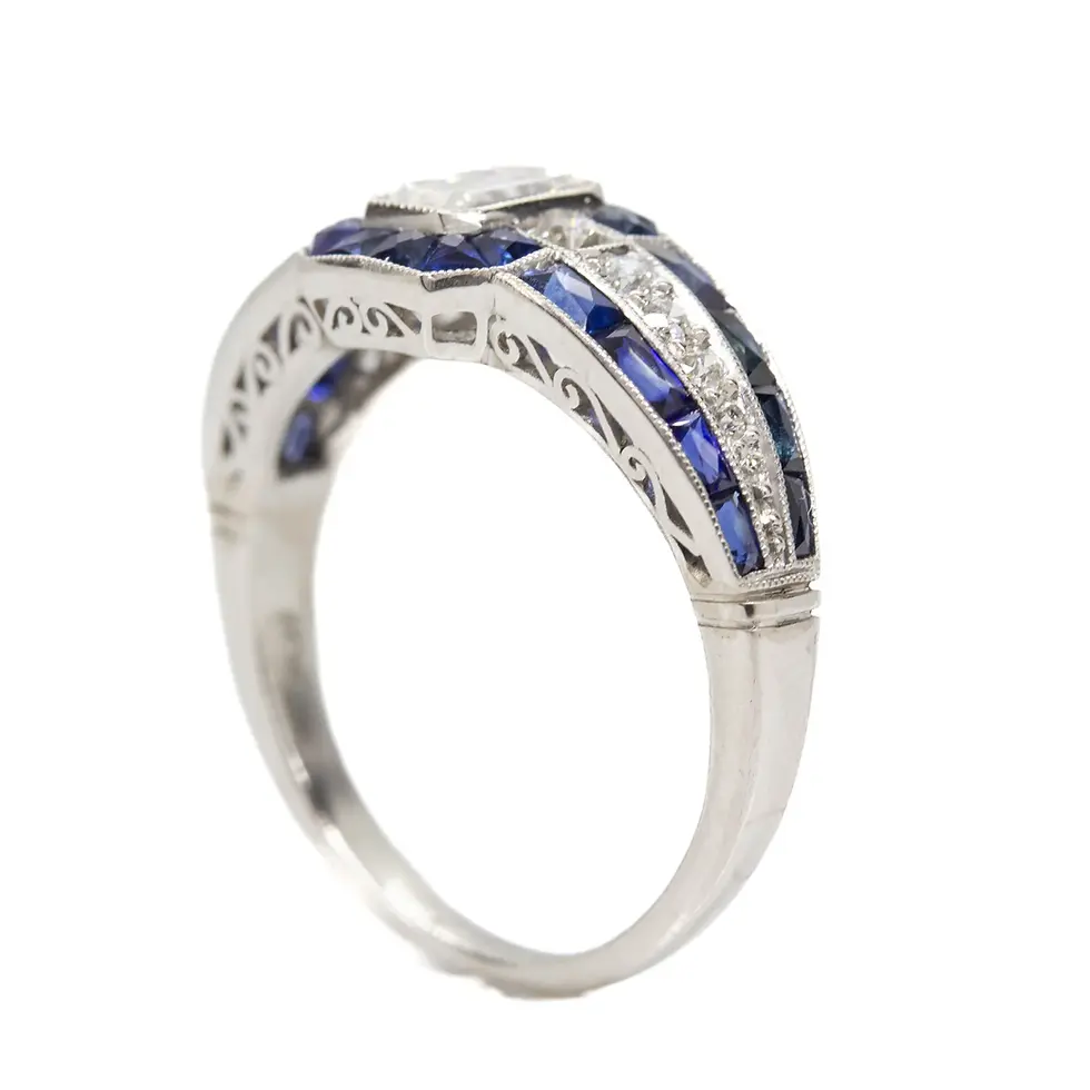 Thumbnail: Art Deco Designed Platinum 2.55ctw Emerald Cut Diamond and Calibre Sapphire Ring